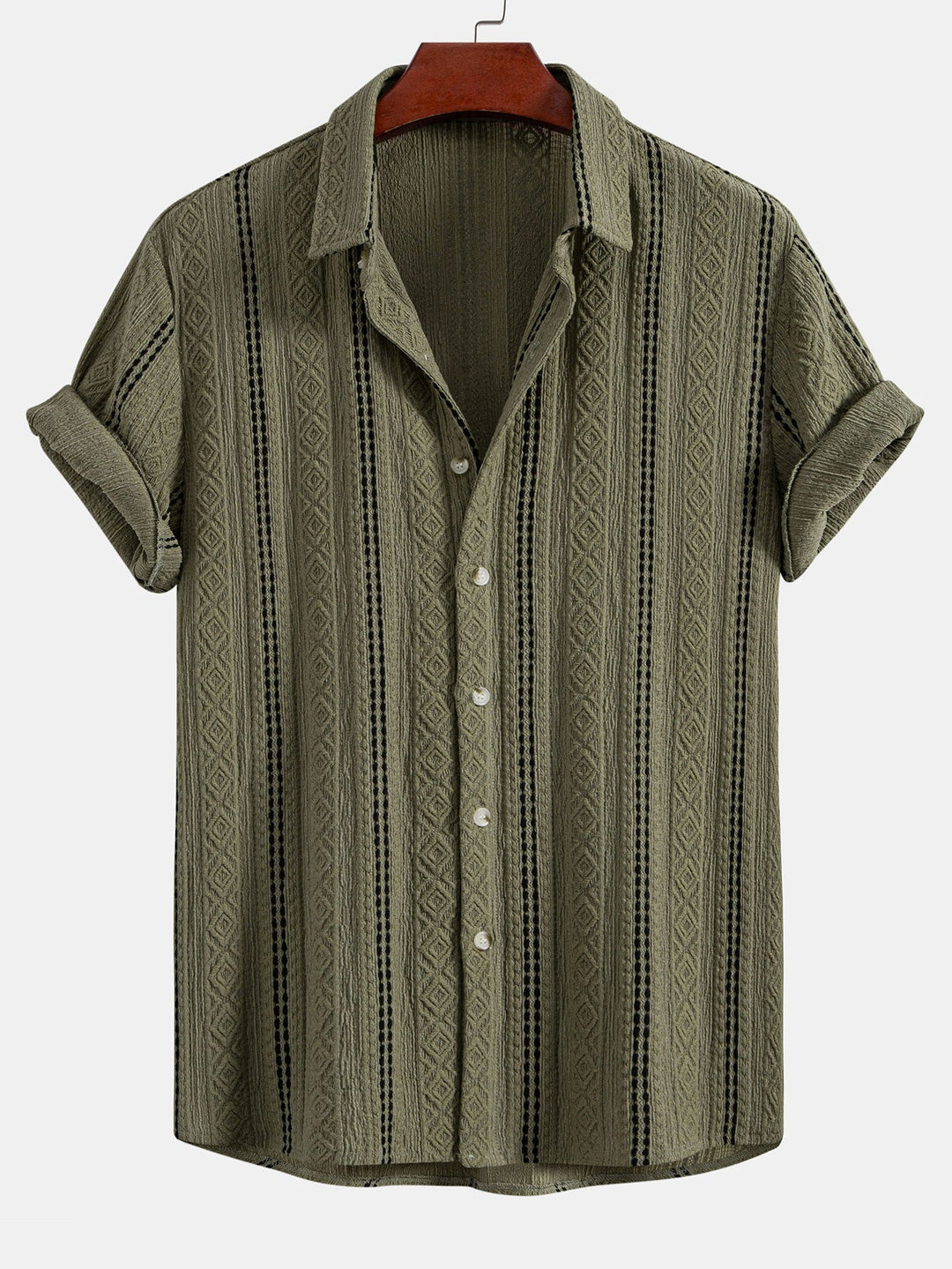 Chemise à boutons en jacquard rayé géométrique & pantalon en lin à jambe droite