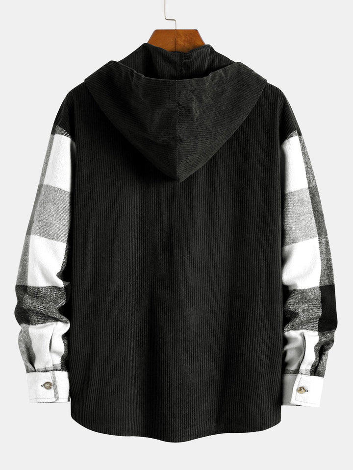 Chemise à capuche patchwork en flanelle à carreaux coupe décontractée & pantalon droit en velours côtelé