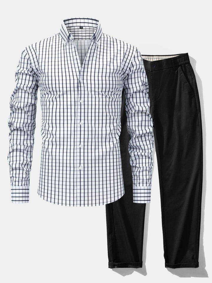 Chemise à carreaux à manches longues avec boutons & Pantalon droit à taille élastique