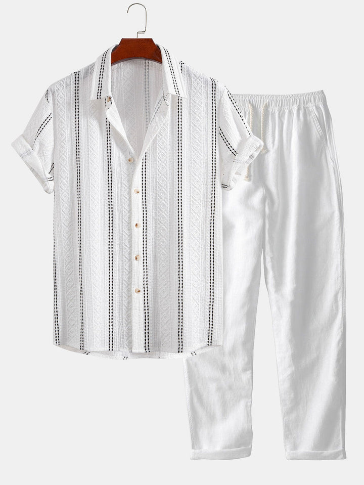 Chemise à boutons en jacquard rayé géométrique & pantalon en lin à jambe droite