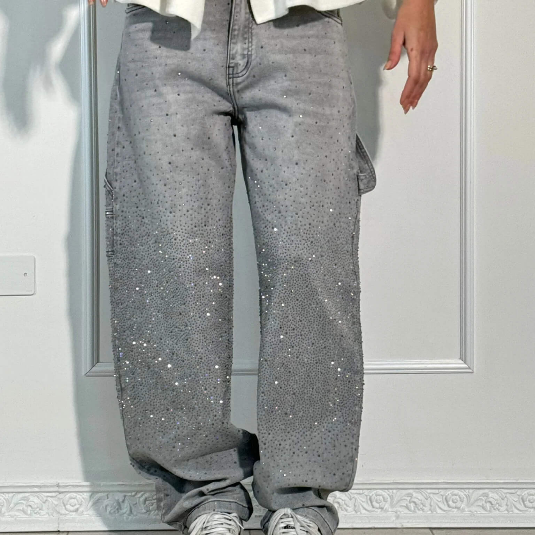Emira™ | Jean Décontracté Éclatant avec Strass Brillants
