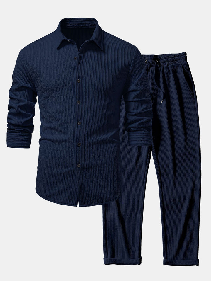 Chemise côtelée à manches longues, ajustée muscle, boutonnée & pantalon côtelé à jambe droite