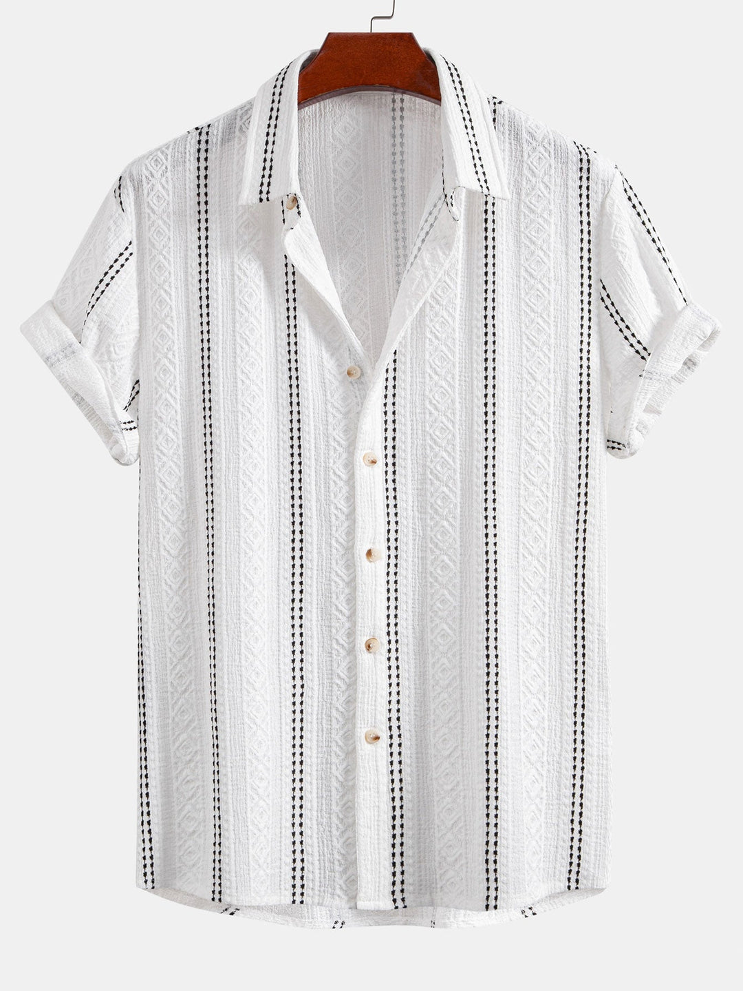 Chemise à boutons en jacquard rayé géométrique & pantalon en lin à jambe droite