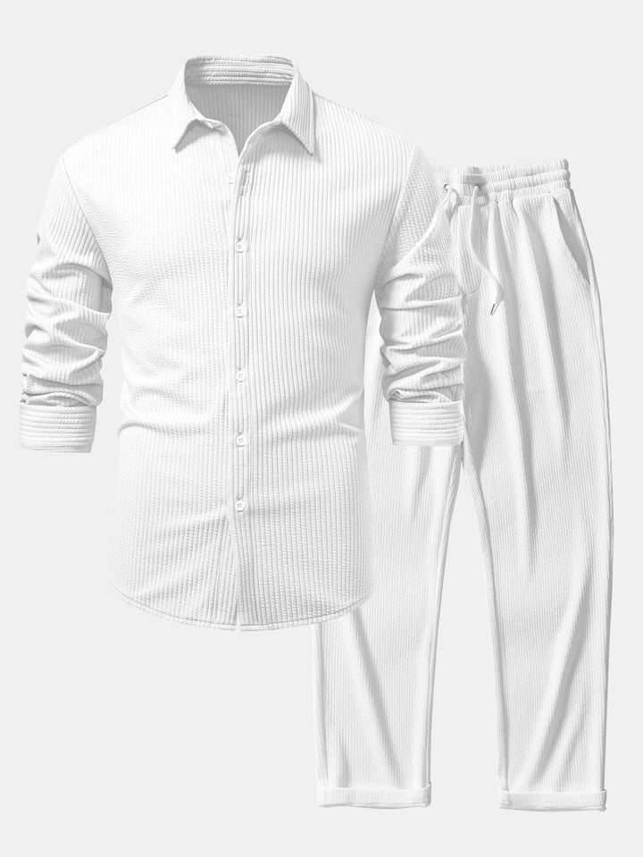 Chemise côtelée à manches longues, ajustée muscle, boutonnée & pantalon côtelé à jambe droite