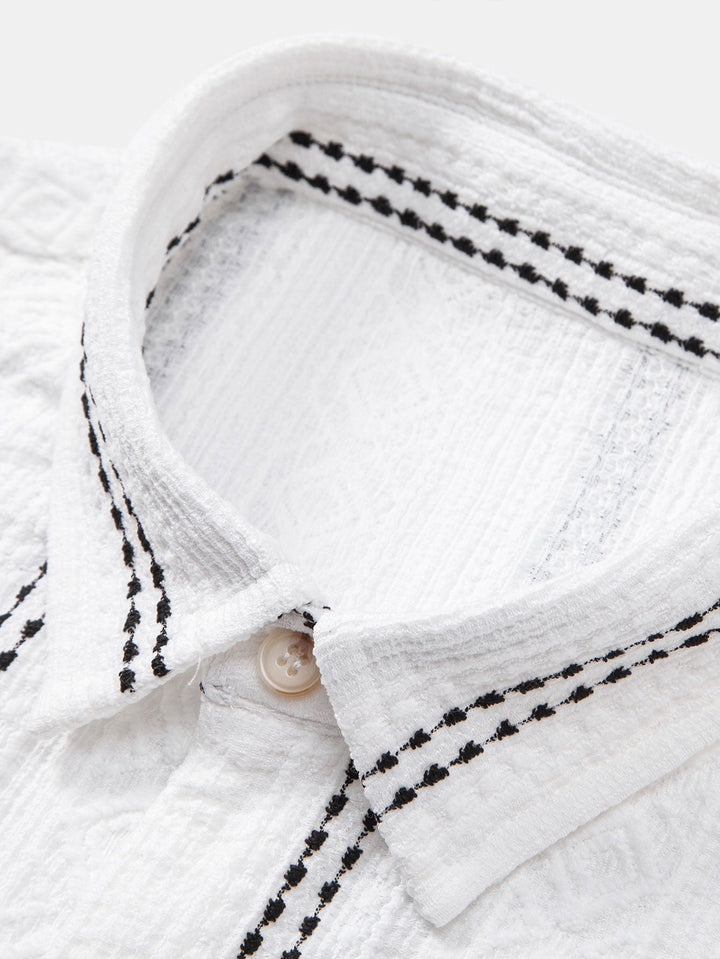 Chemise à boutons en jacquard rayé géométrique & pantalon en lin à jambe droite