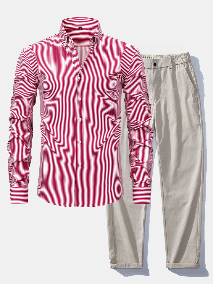Chemise à rayures à manches longues avec boutons & Pantalon droit à taille élastique