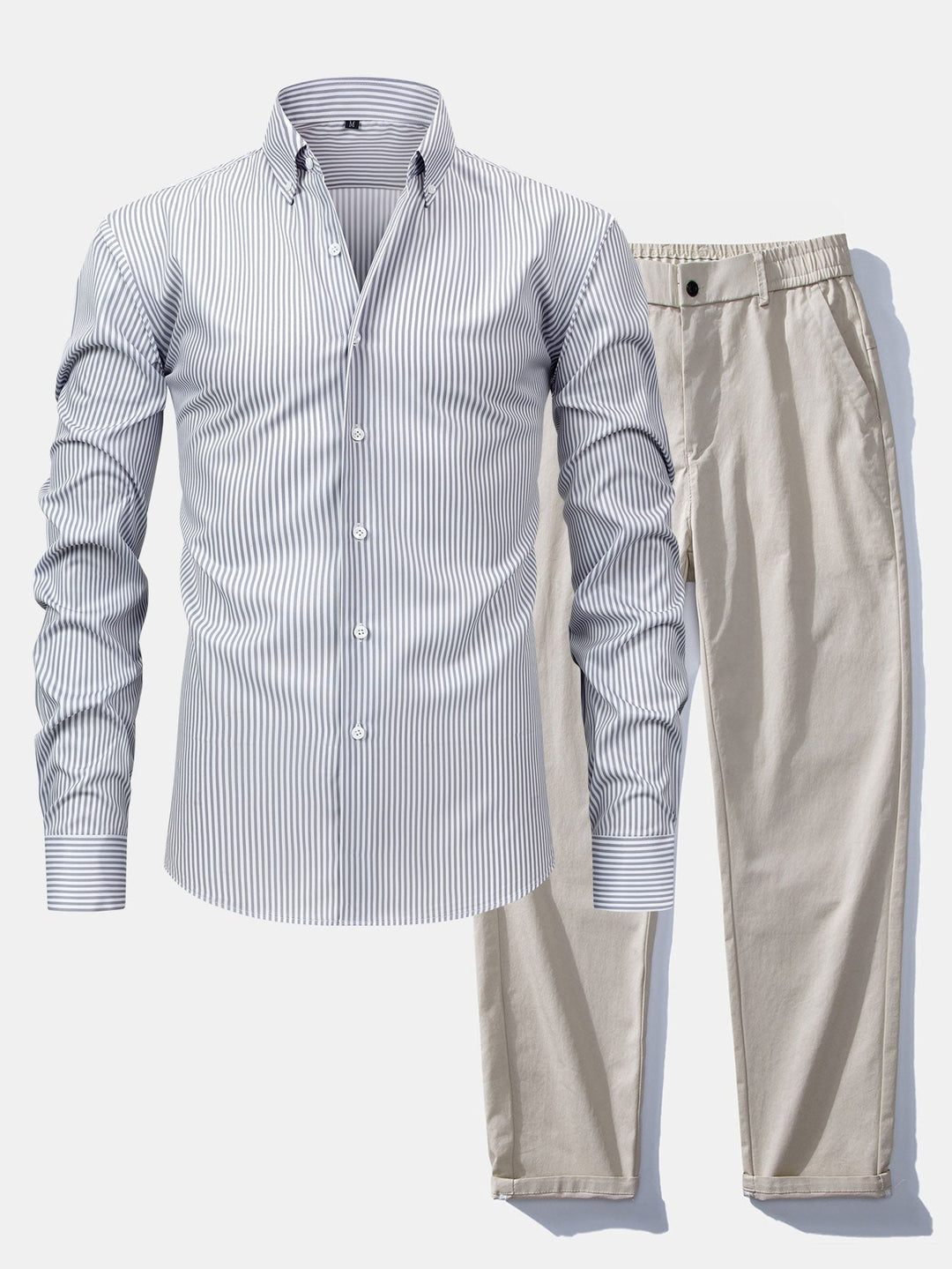 Chemise à rayures à manches longues avec boutons & Pantalon droit à taille élastique