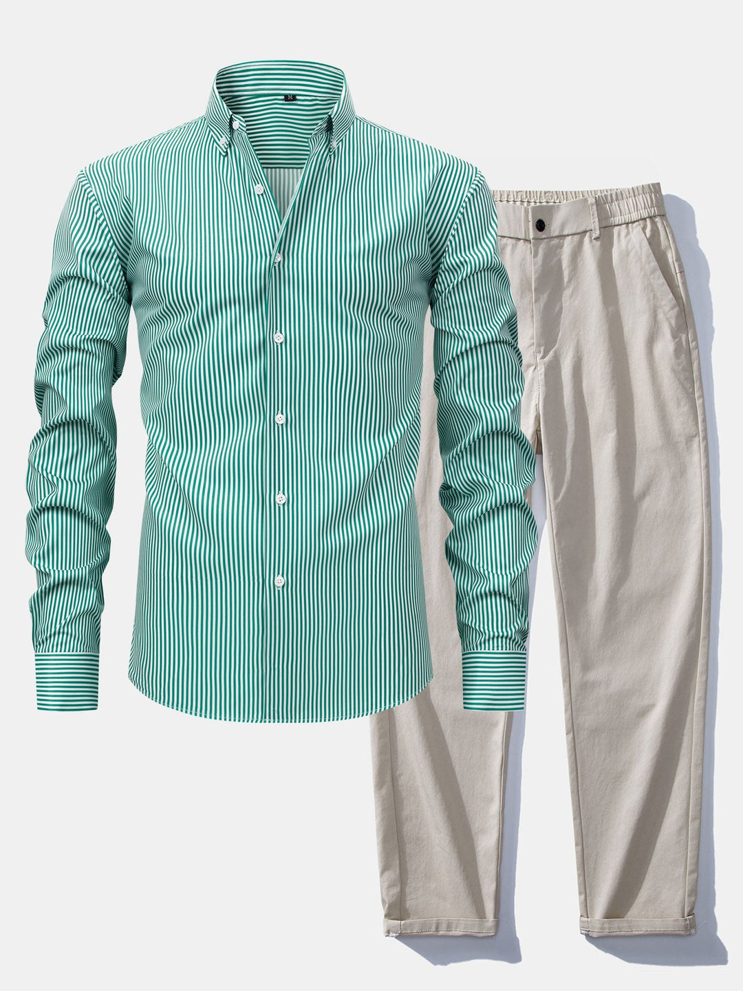 Chemise à rayures à manches longues avec boutons & Pantalon droit à taille élastique
