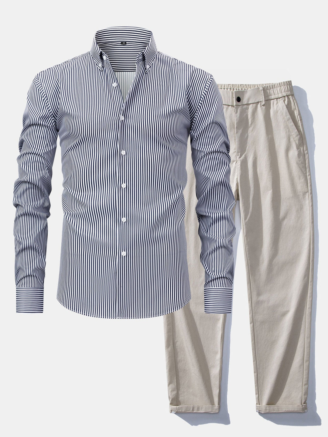 Chemise à rayures à manches longues avec boutons & Pantalon droit à taille élastique