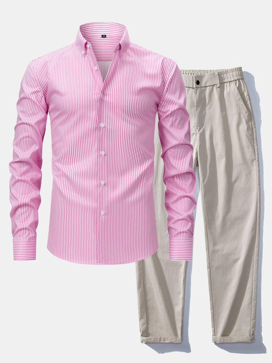 Chemise à rayures à manches longues avec boutons & Pantalon droit à taille élastique