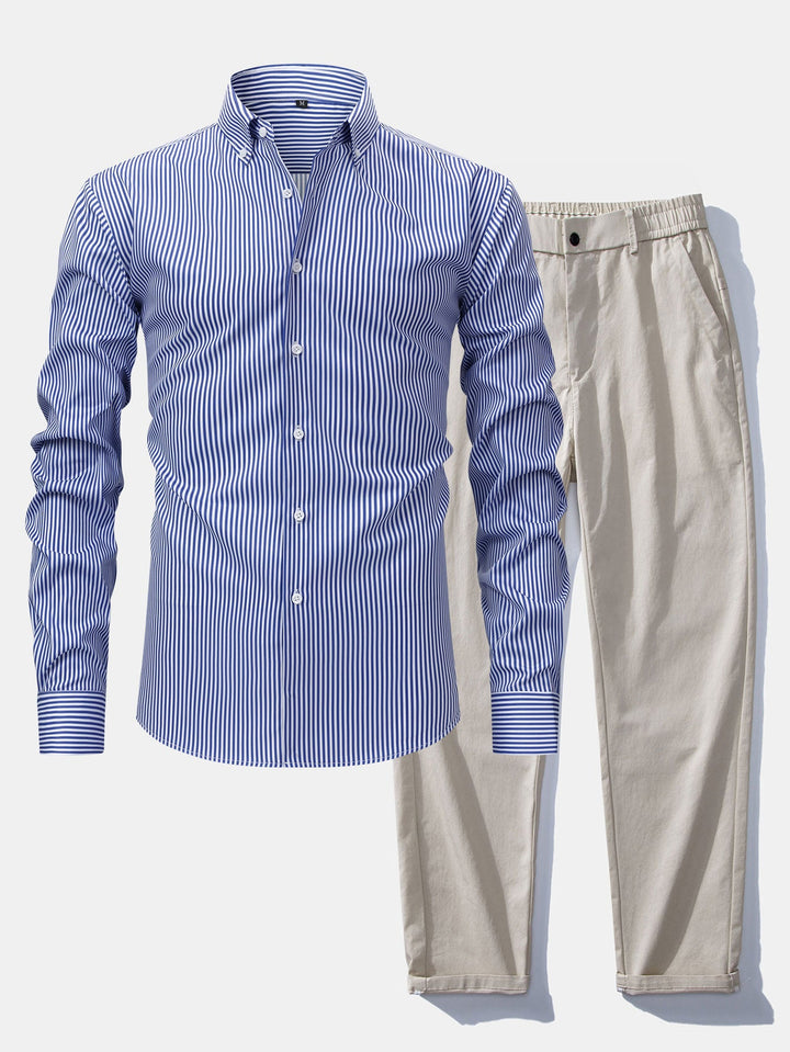Chemise à rayures à manches longues avec boutons & Pantalon droit à taille élastique