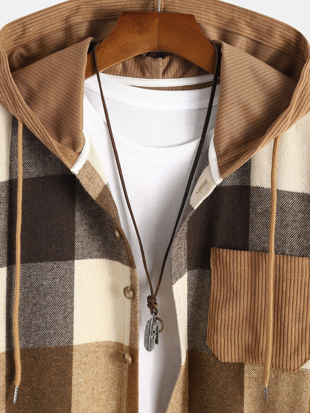 Chemise à capuche patchwork en flanelle à carreaux coupe décontractée & pantalon droit en velours côtelé