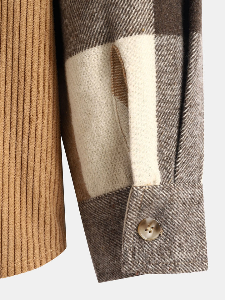 Chemise à capuche patchwork en flanelle à carreaux coupe décontractée & pantalon droit en velours côtelé