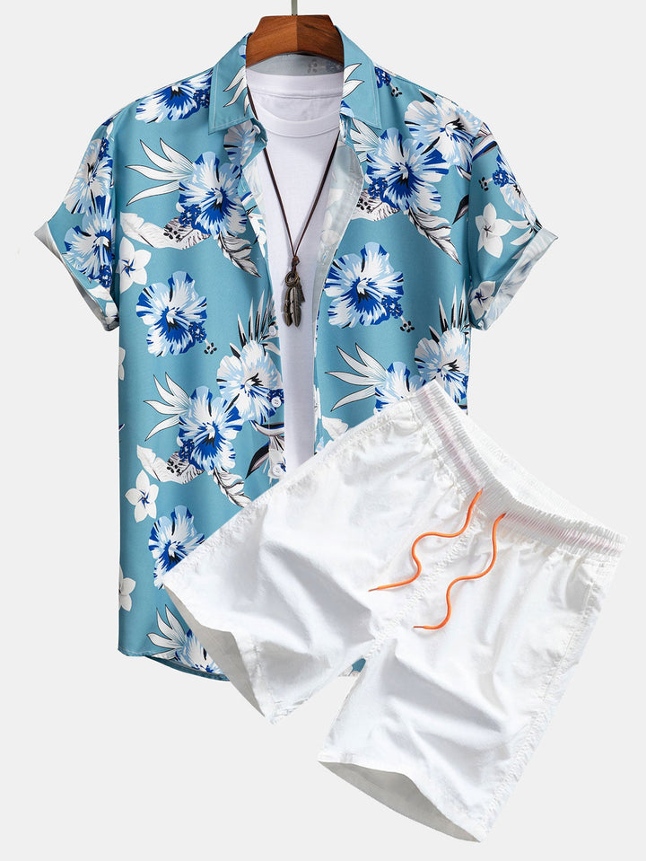 Chemise à boutons imprimée florale tropicale et shorts de bain