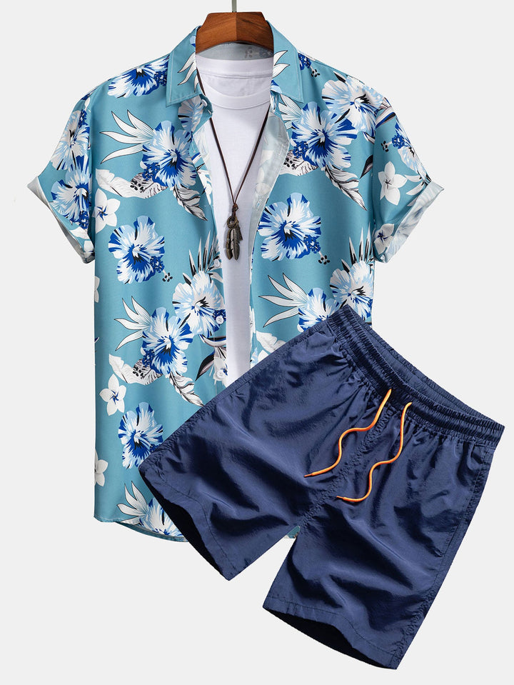 Chemise à boutons imprimée florale tropicale et shorts de bain