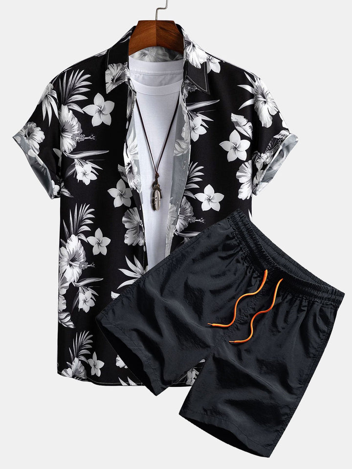Chemise à boutons imprimée florale tropicale et shorts de bain