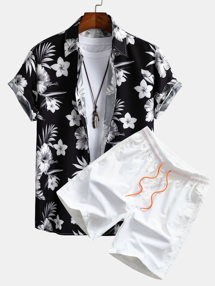 Chemise à boutons imprimée florale tropicale et shorts de bain