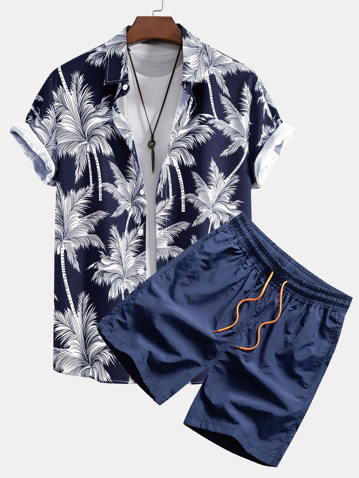 Chemise à boutons imprimée palmiers & short de bain