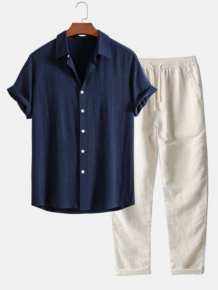 Chemise à boutons en mélange de lin et de rayonne & Pantalons en lin à jambe droite