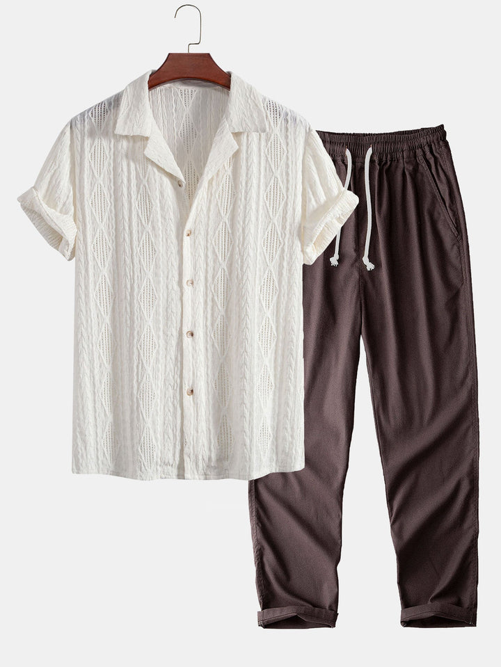 Chemise cubaine Jacquard géométrique et pantalon en lin à jambe droite