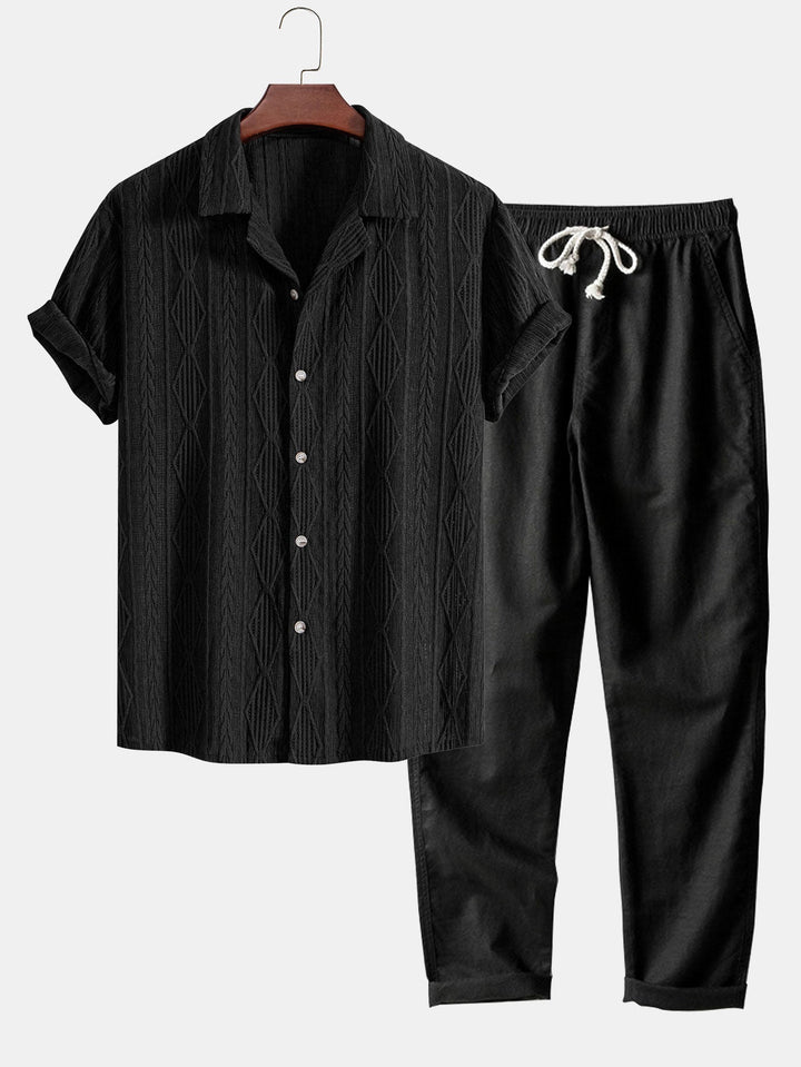 Chemise cubaine Jacquard géométrique et pantalon en lin à jambe droite