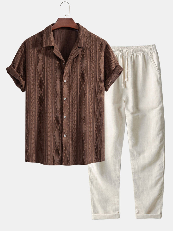 Chemise cubaine Jacquard géométrique et pantalon en lin à jambe droite