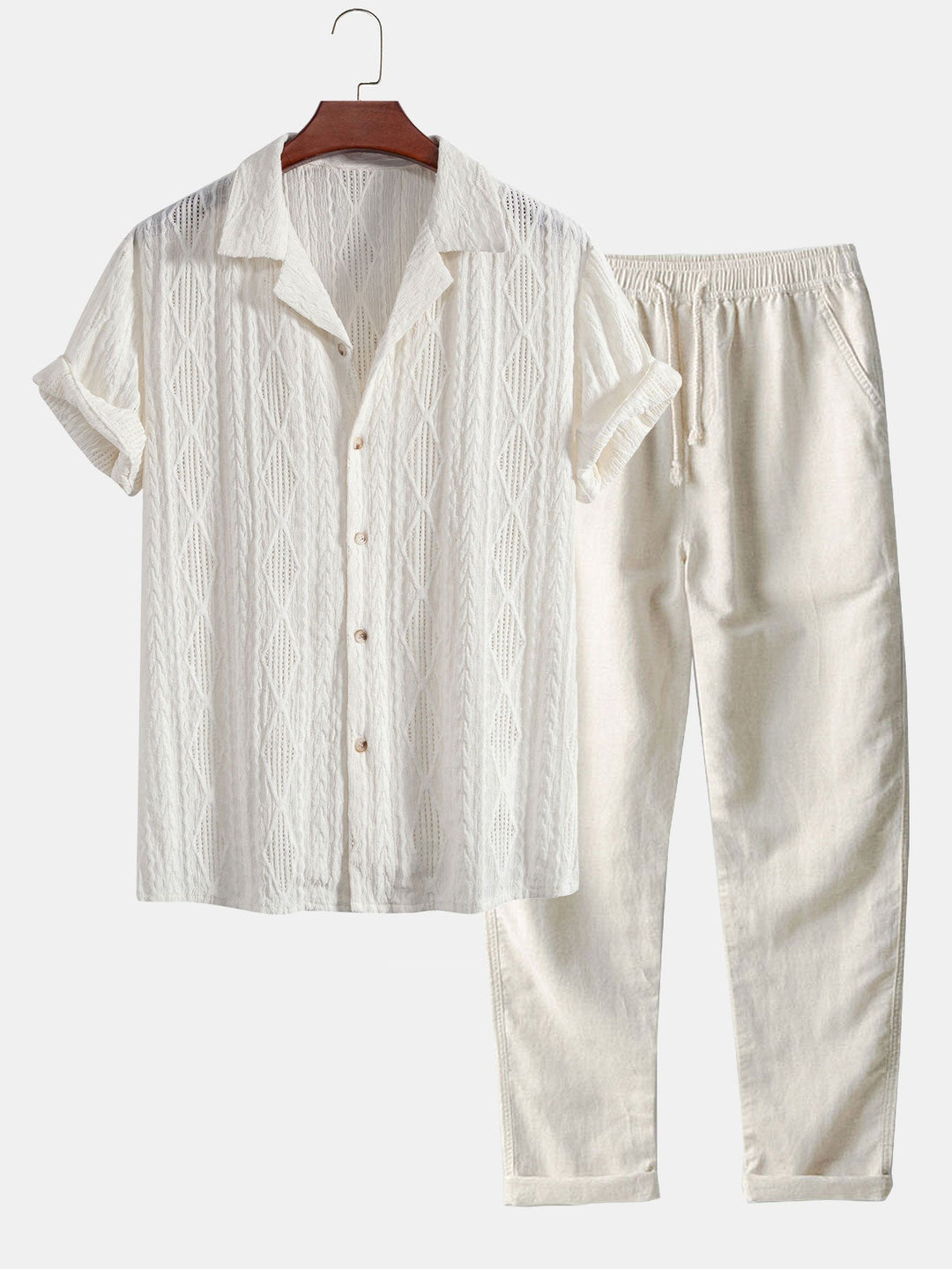 Chemise cubaine Jacquard géométrique et pantalon en lin à jambe droite