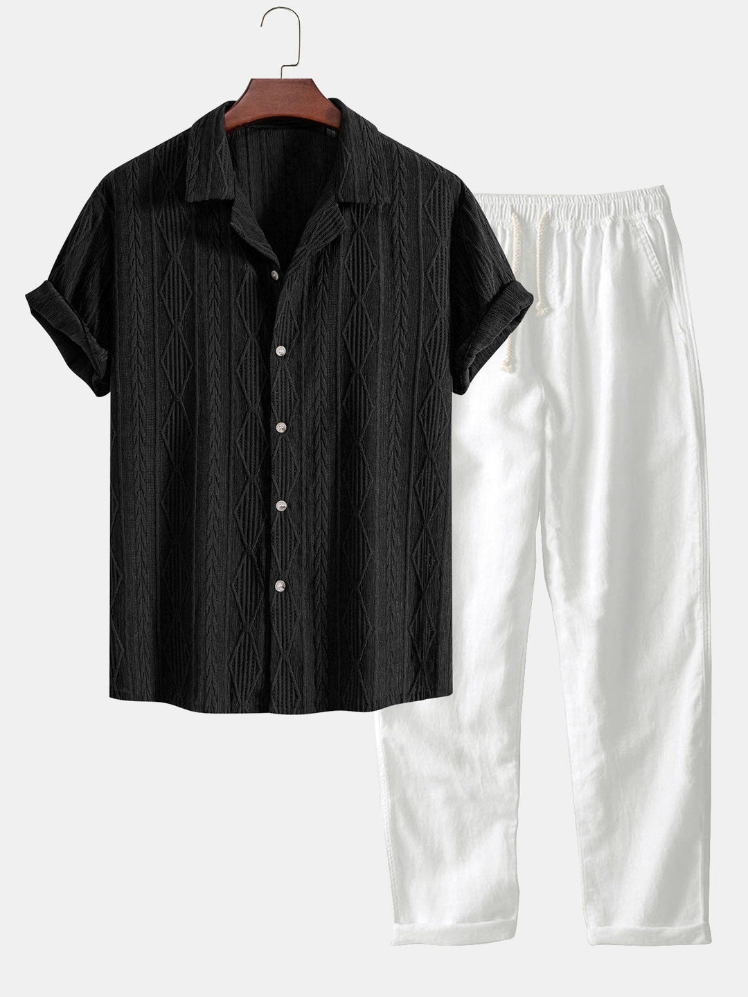 Chemise cubaine Jacquard géométrique et pantalon en lin à jambe droite