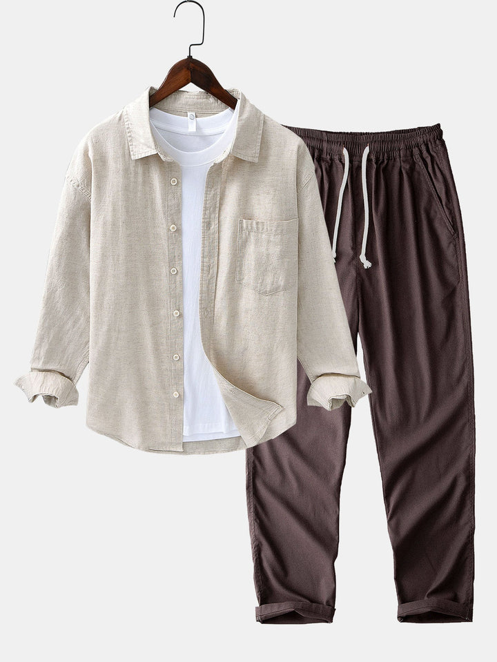 Chemise en lin et coton à manches longues avec poche & pantalon en lin à jambe droite