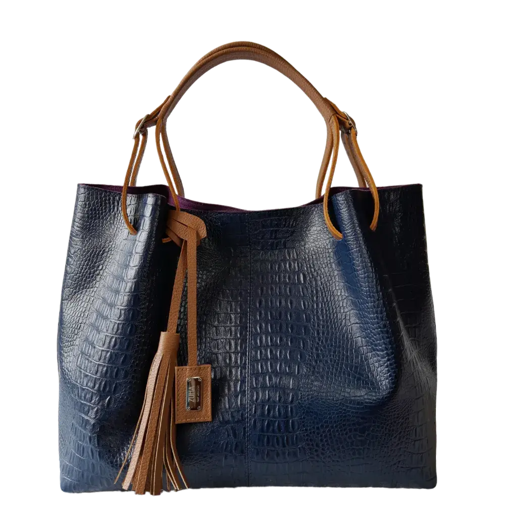 Sac à main en cuir pour femmes Adelle bleu foncé au design reptile