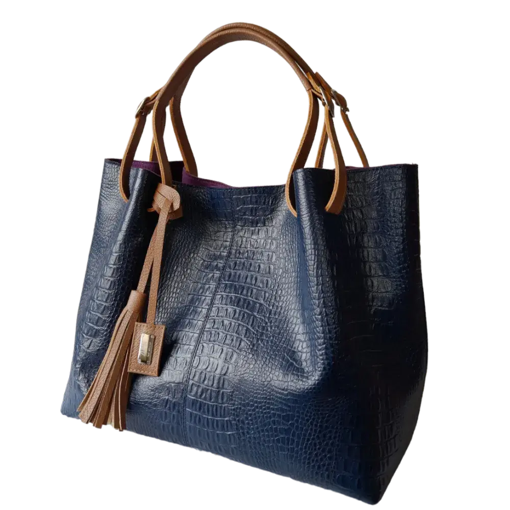 Sac à main en cuir pour femmes Adelle bleu foncé au design reptile
