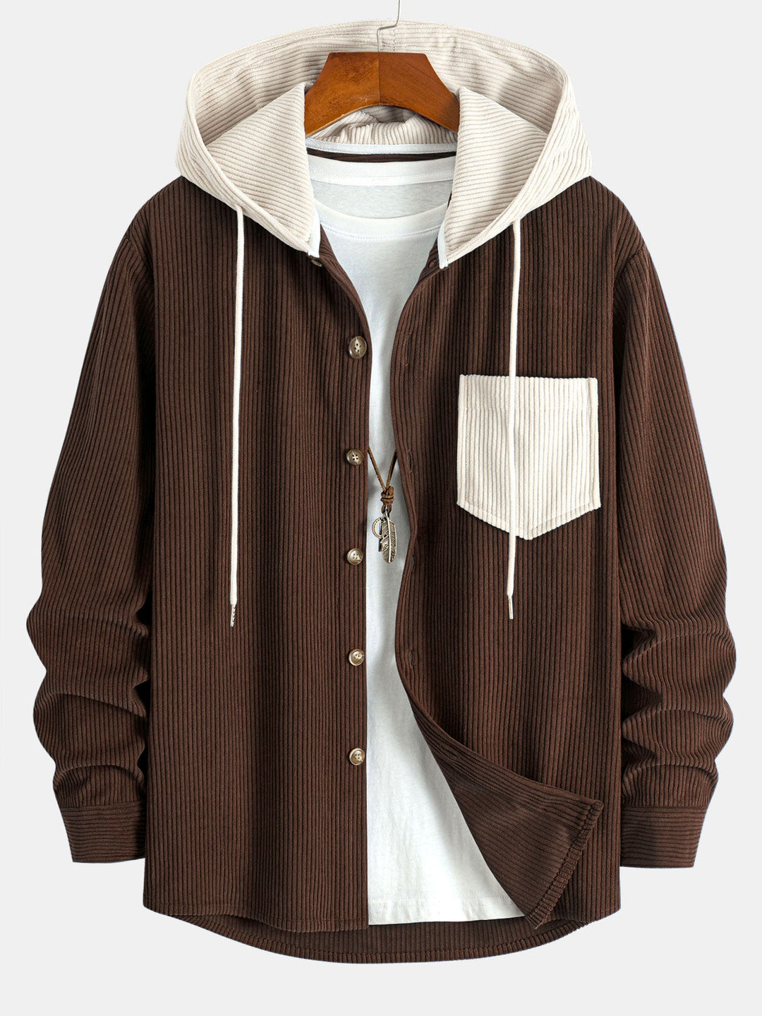 Chemise à capuche en velours côtelé contrasté à manches longues