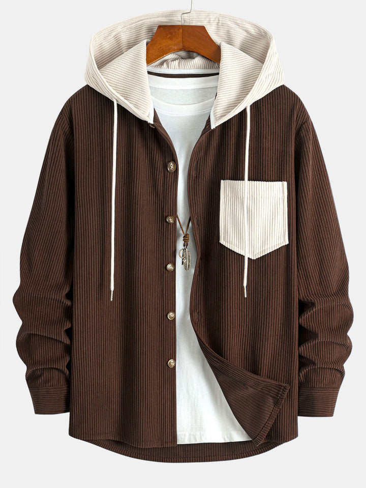 Chemise à capuche en velours côtelé contrasté à manches longues