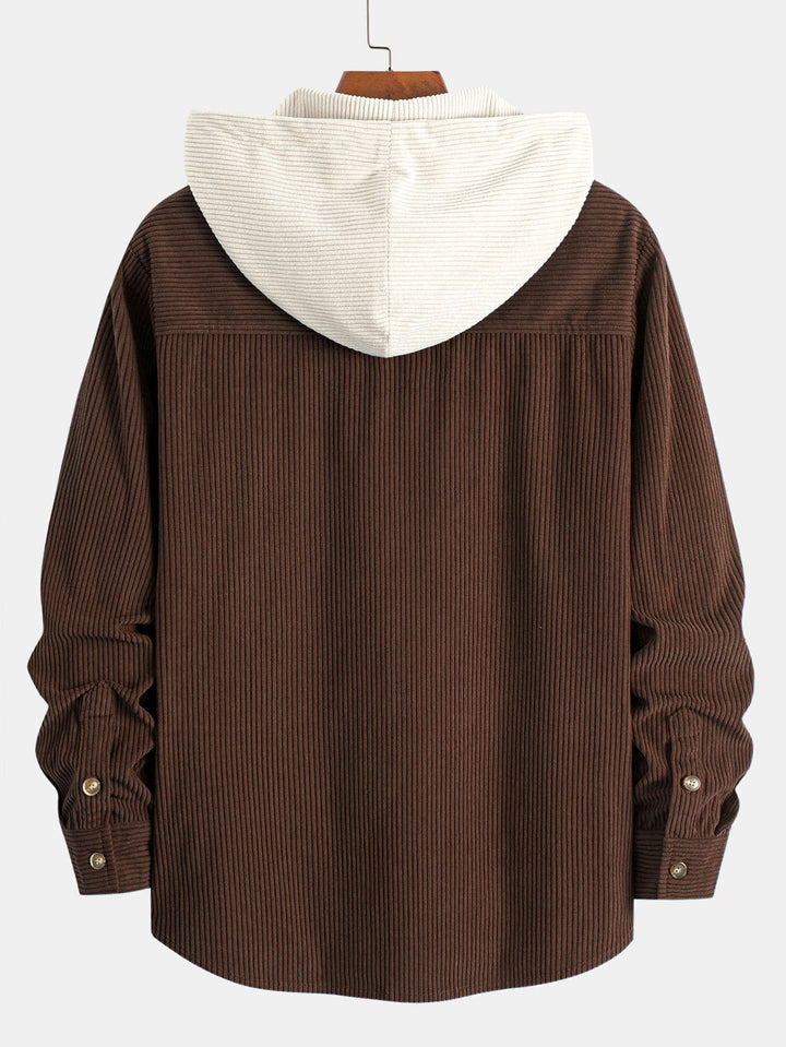 Chemise à capuche en velours côtelé contrasté à manches longues
