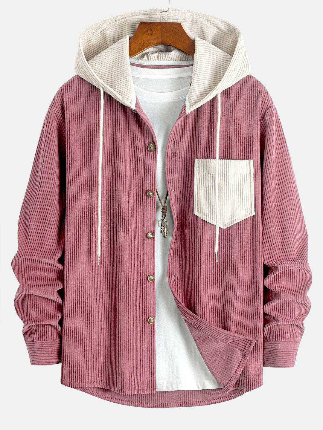 Chemise à capuche en velours côtelé contrasté à manches longues