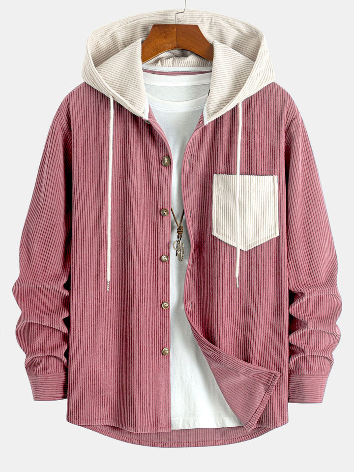 Chemise à capuche en velours côtelé contrasté à manches longues