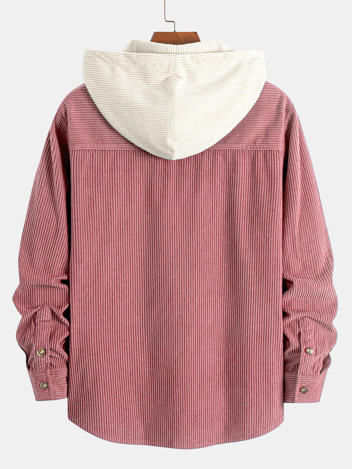Chemise à capuche en velours côtelé contrasté à manches longues