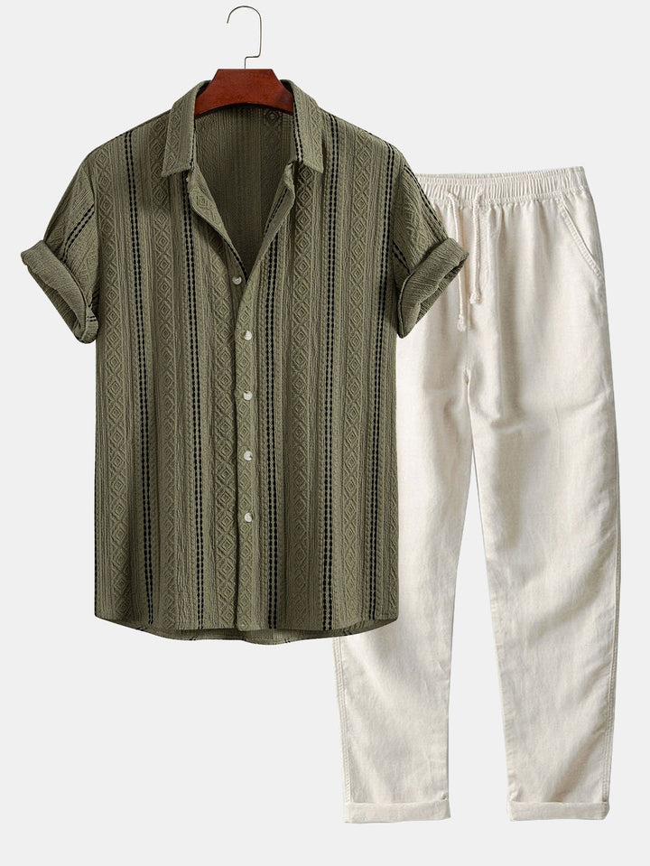 Chemise à boutons en jacquard rayé géométrique & pantalon en lin à jambe droite