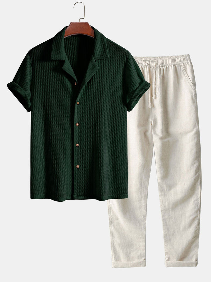 Chemise cubaine à manche courte à manches courtes et pantalon en lin à jambe droite