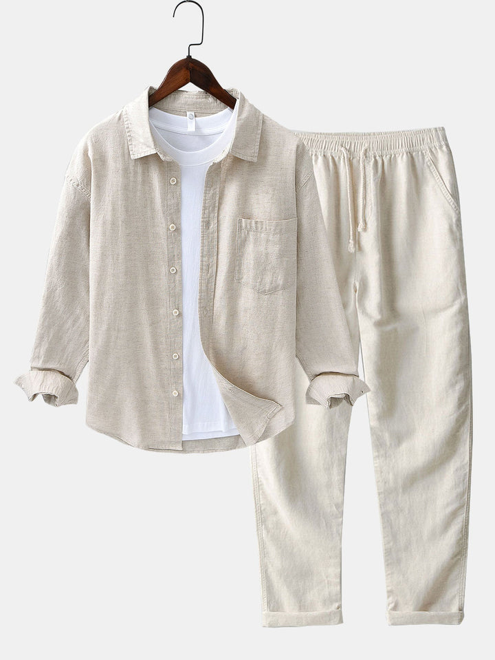 Chemise en lin et coton à manches longues avec poche & pantalon en lin à jambe droite
