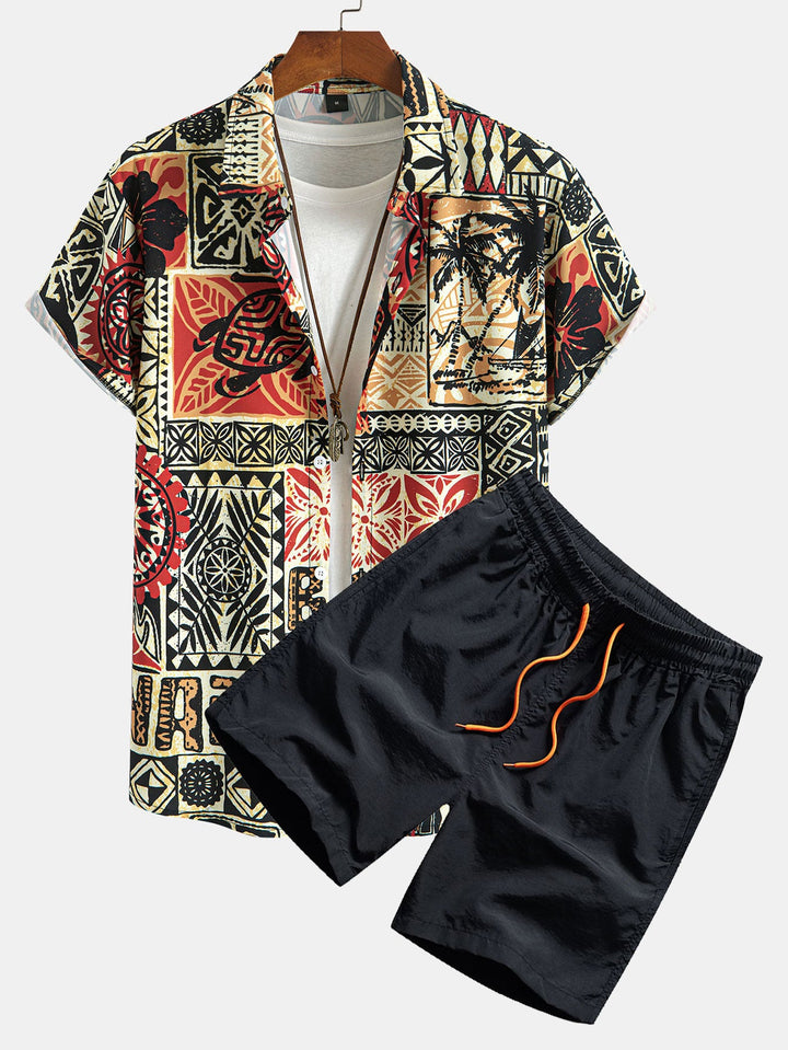 Palm Tree Turtle Géométrie à imprimer Bouton Shirt Up & Swim Shorts