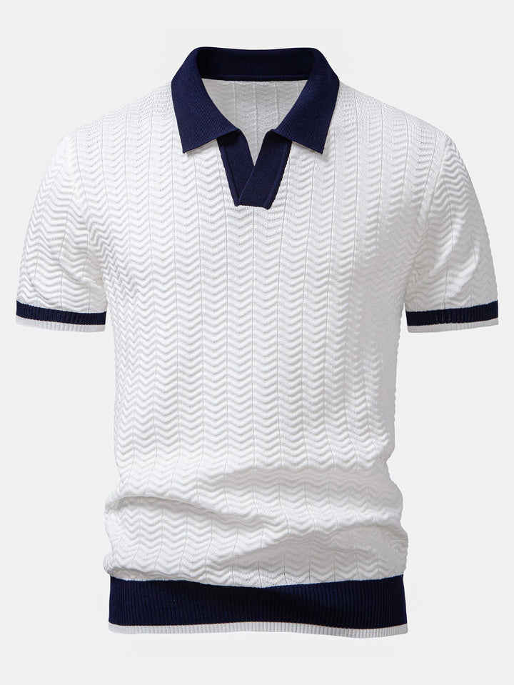 Polo à col en V en maille à contraste de texture