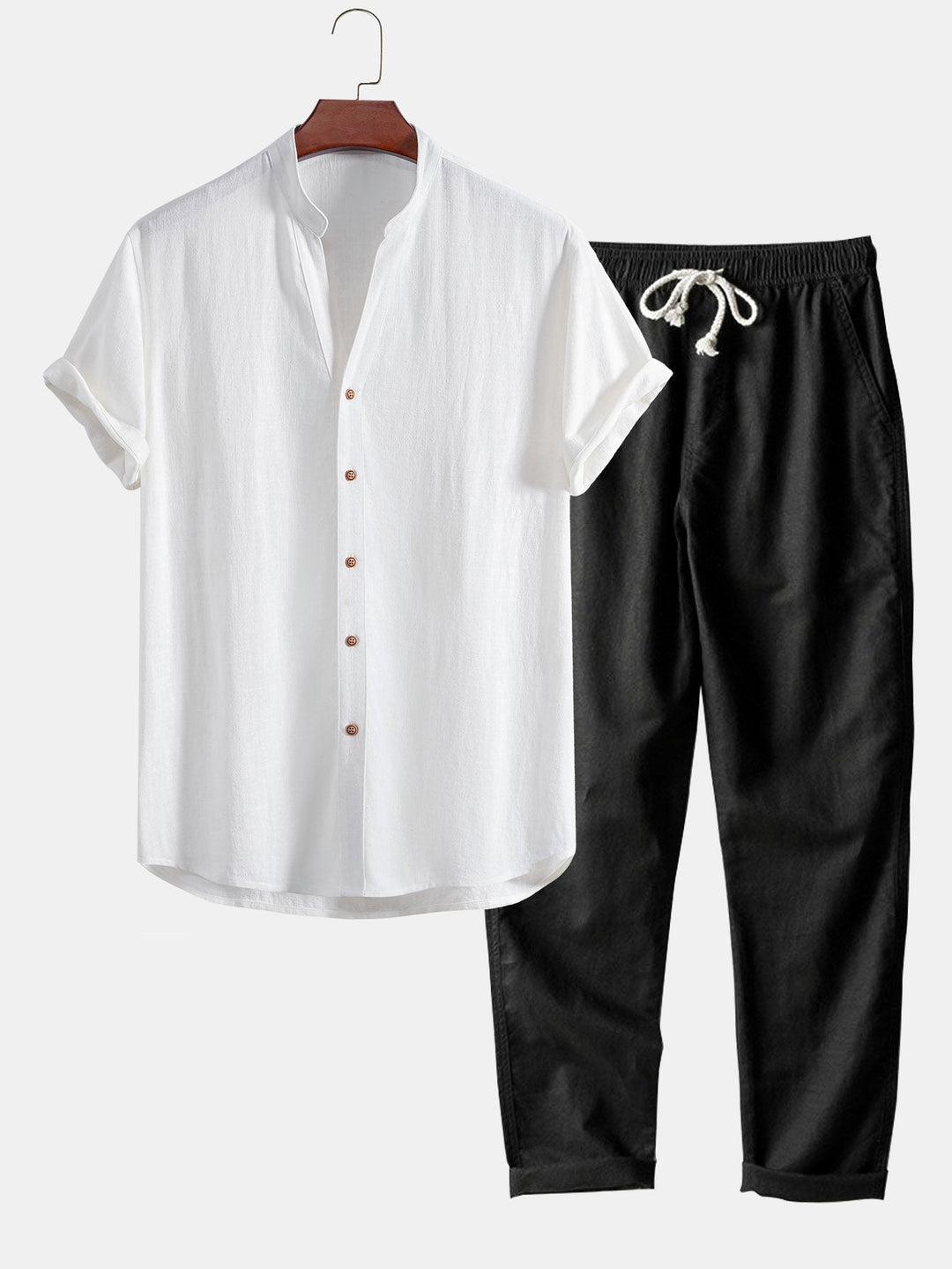Chemise en mélange de lin et de rayonne à col en V & Pantalon en lin à jambe droite