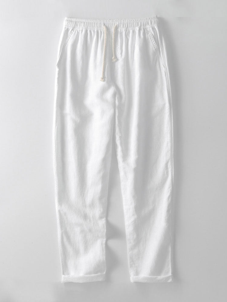 Chemise à boutons en jacquard rayé géométrique & pantalon en lin à jambe droite