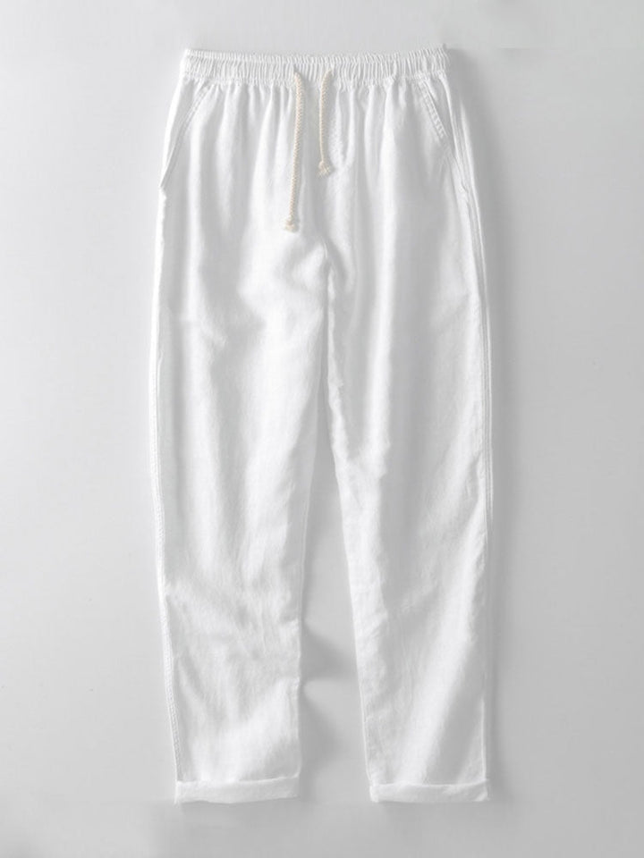 Chemise à boutons en jacquard rayé géométrique & pantalon en lin à jambe droite
