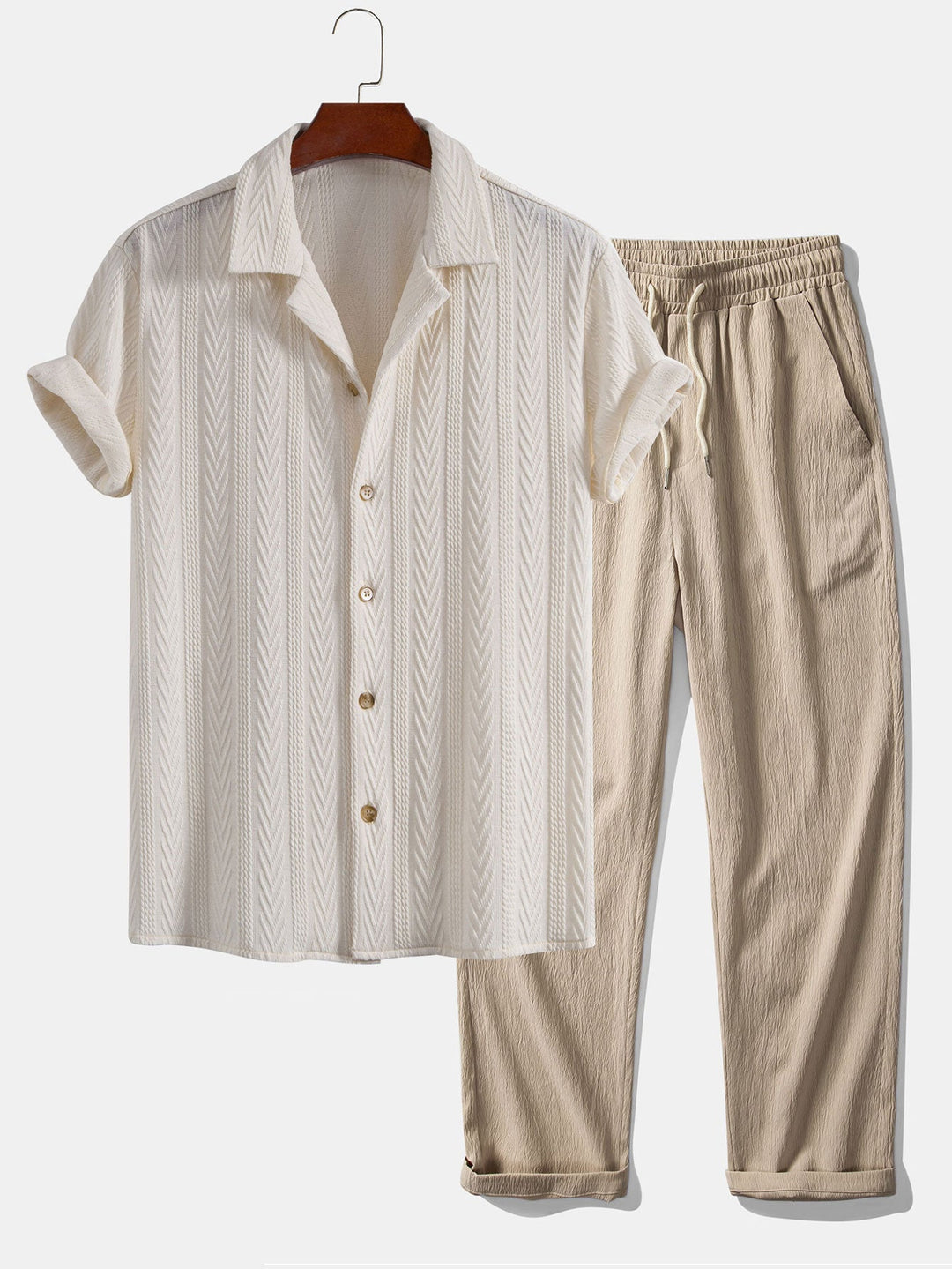 Chemise Cubaine en Jacquard Texturé & Pantalons Droits Texturés Anti-Rides