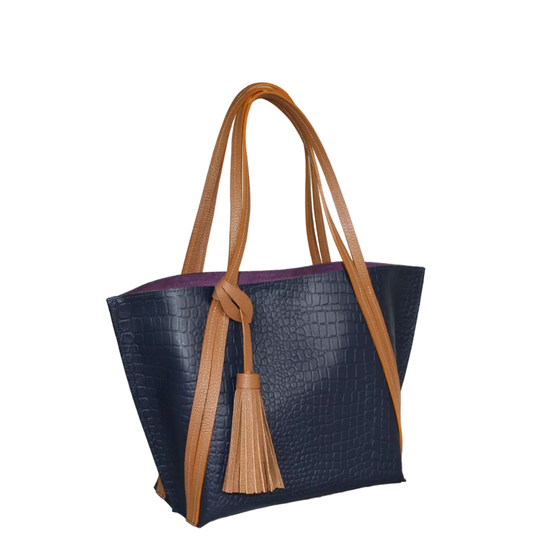 Sac à main en cuir pour femmes Eleonora en bleu marine avec design reptile