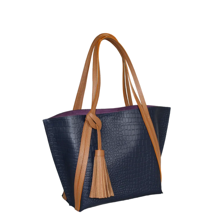 Sac à main en cuir pour femmes Eleonora en bleu marine avec design reptile
