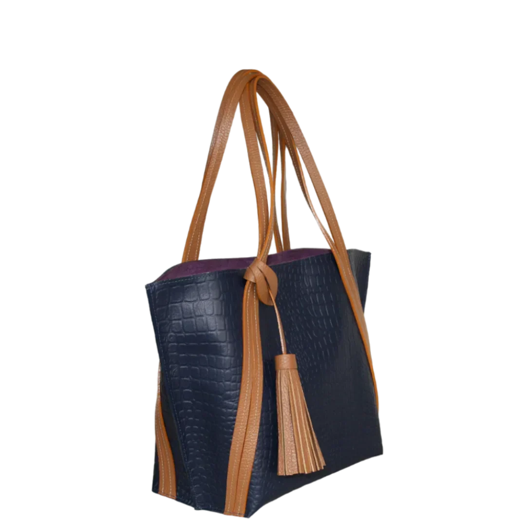 Sac à main en cuir pour femmes Eleonora en bleu marine avec design reptile