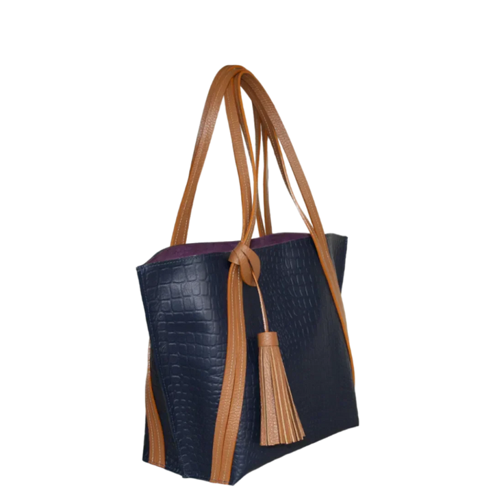 Sac à main en cuir pour femmes Eleonora en bleu marine avec design reptile
